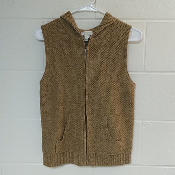 COTTON, TEXTURED, HOODED, ZIP FRONT, TAN MARLED, VEST - Picture 1 of 6